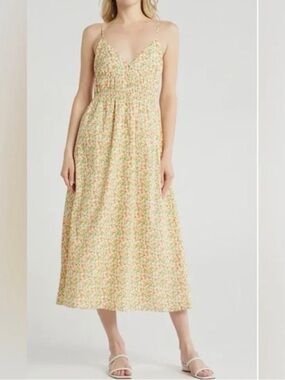 Wayf Yellow Floral Spaghetti-Strap Midi Dress